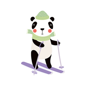 Hand drawn vector illustration of a cute funny panda skiing outdoors in winter. Isolated objects on white background. Scandinavian style flat design. Concept for children .