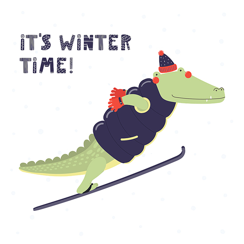 Hand drawn vector illustration of a cute funny crocodile ski jumping outdoors in winter, with text Its winter time. Isolated objects on white. Scandinavian style flat design. Concept children .
