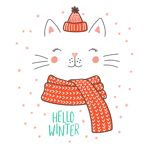 Hand drawn vector illustration of a cute funny cat face in a knitted hat, muffler, text Hello winter. Isolated objects on white  with snowflakes. Design concept for kids, winter, Christmas.