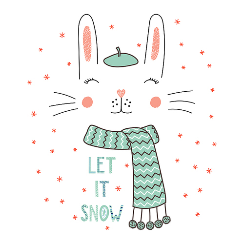 Hand drawn vector illustration of a cute funny rabbit face in a beret, muffler, text Let it snow. Isolated objects on white  with snowflakes. Design concept for kids, winter, Christmas.