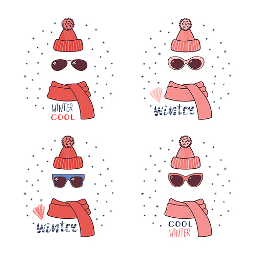 Set of hand drawn cartoon knitted hats, sunglasses, mufflers, with winter, snow quotes. Isolated objects on white  with snowflakes. Vector illustration. Design concept for kids, cold weather