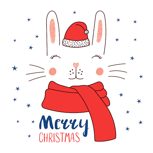 Hand drawn vector illustration of a cute funny bunny face in Santa Claus hat, muffler, text Merry Christmas. Isolated objects on white  with stars. Design concept for kids, winter holidays.