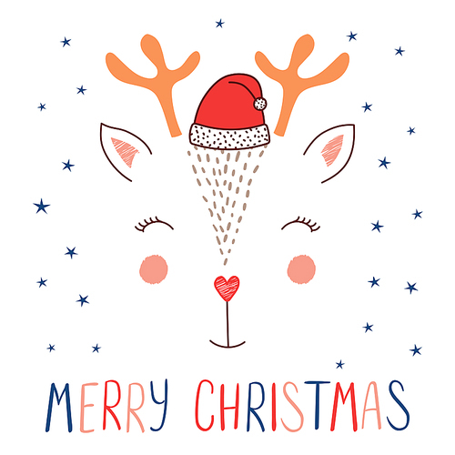 Hand drawn vector illustration of a cute funny deer face in Santa Claus hat, text Merry Christmas. Isolated objects on white  with stars. Design concept for kids, winter holidays.