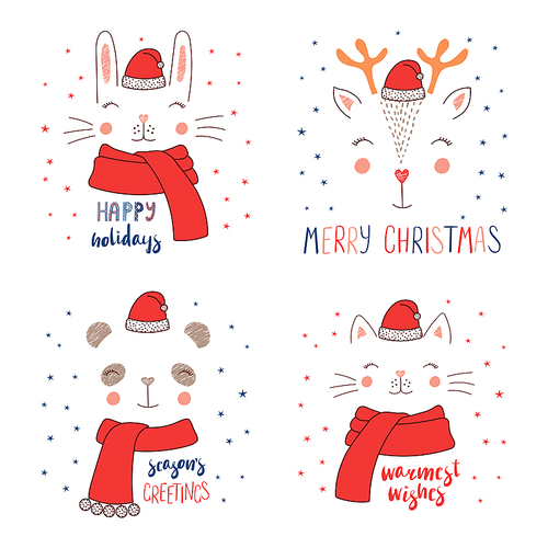 Set of hand drawn cute funny animal faces in Santa Claus hats, mufflers, with winter holidays, Christmas quotes. Isolated objects on white . Vector illustration. Design concept for kids.