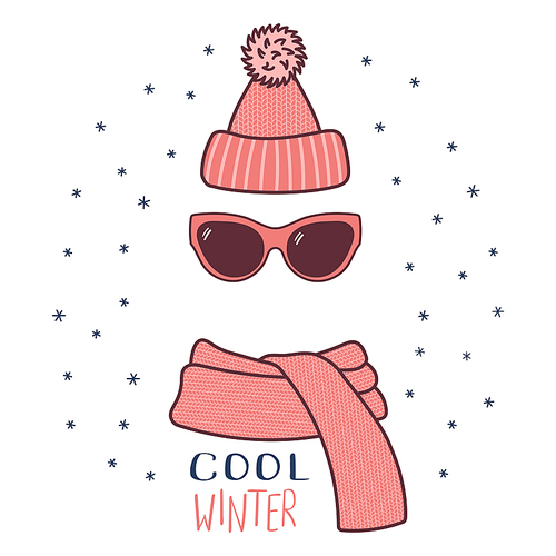 Hand drawn vector illustration of a warm funny knitted hat, sunglasses, muffler, text Cool winter. Isolated objects on white  with snowflakes. Design concept for winter, cold weather, snow.