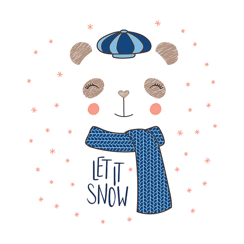 Hand drawn vector illustration of a cute funny panda face in a cap, muffler, text Let it snow. Isolated objects on white  with snowflakes. Design concept for kids, winter, Christmas.