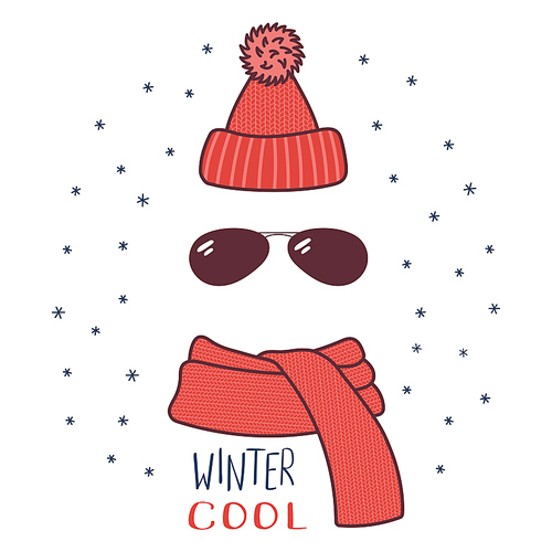 Hand drawn vector illustration of a warm funny knitted hat, sunglasses, muffler, text Winter cool. Isolated objects on white  with snowflakes. Design concept for winter, cold weather, snow.