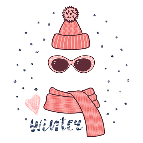 Hand drawn vector illustration of a warm funny knitted hat, sunglasses, muffler, text Winter, heart. Isolated objects on white  with snowflakes. Design concept for winter, cold weather, snow