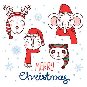 Set of hand drawn cute funny portraits of panda, deer, owl, elephant in Santa Claus, elves hats, text Merry Christmas. Isolated objects on white . Vector illustration. Design concept kids.