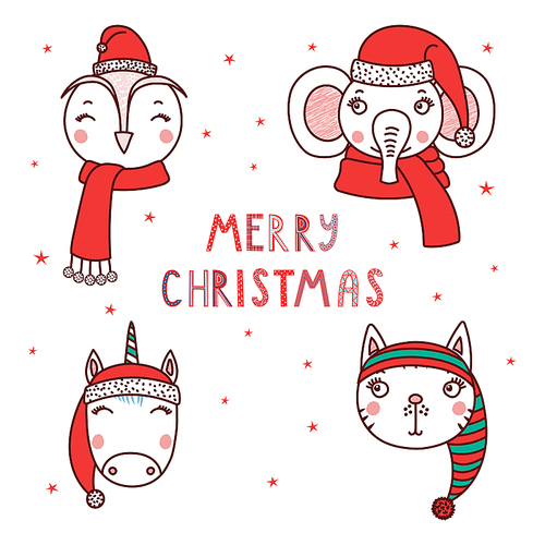 Set of hand drawn cute funny portraits of cat, unicorn, owl, elephant in Santa Claus, elf hats, text Merry Christmas. Isolated objects on white . Vector illustration. Design concept for kids