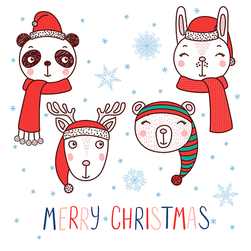 Set of hand drawn cute funny portraits of bear, panda, rabbit, deer in Santa Claus, elf hats, text Merry Christmas. Isolated objects on white . Vector illustration. Design concept for kids.