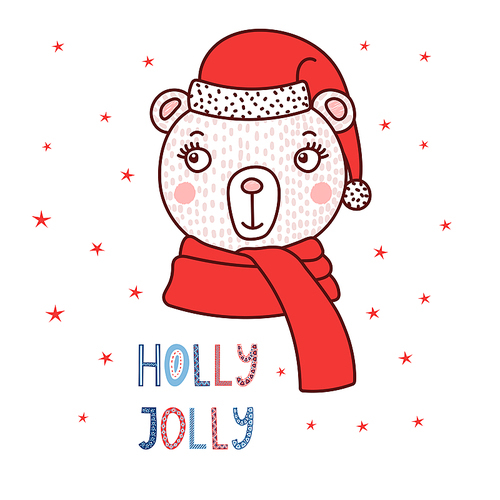 Hand drawn vector portrait of a cute cartoon funny bear in a Santa hat, text Holly jolly. Isolated objects on white  with stars. Vector illustration. Design concept for children, Christmas.