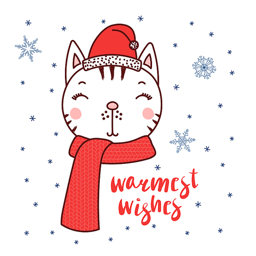 Hand drawn vector portrait of a cute cartoon funny cat in a Santa hat, text Warmest wishes. Isolated objects on white  with snowflakes. Vector illustration. Design concept kids, Christmas