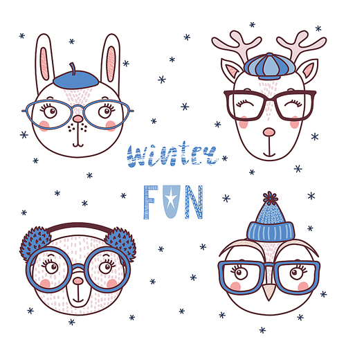 Set of hand drawn cute funny portraits of bear, rabbit, deer, owl in warm hats, earmuffs, glasses, text Winter fun. Isolated objects on white . Vector illustration. Design concept for winter