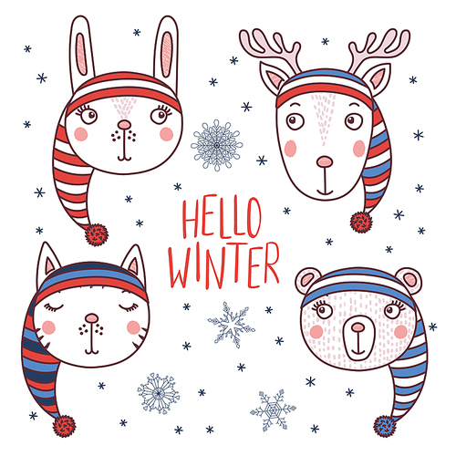 Set of hand drawn cute funny portraits of cat, bear, rabbit, deer in striped warm hats, text Hello winter. Isolated objects on white . Vector illustration. Design concept for children.