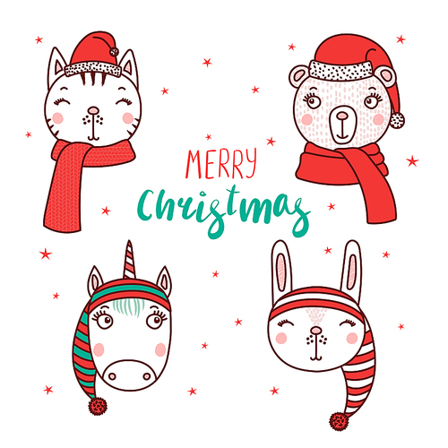 Set of hand drawn cute funny portraits of cat, bear, rabbit, unicorn in Santa Claus, elves hats, text Merry Christmas. Isolated objects on white . Vector illustration. Design concept kids.