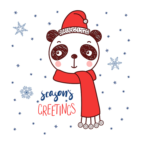 Hand drawn vector portrait of a cute funny panda in a Santa hat, text Season's greetings. Isolated objects on white  with snowflakes. Vector illustration. Design concept for kids, Christmas.