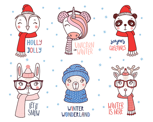 Set of hand drawn cute funny animals in different hats, glasses, earmuffs, mufflers, with winter, snow, Christmas quotes. Isolated objects on white . Vector illustration. Design concept kids