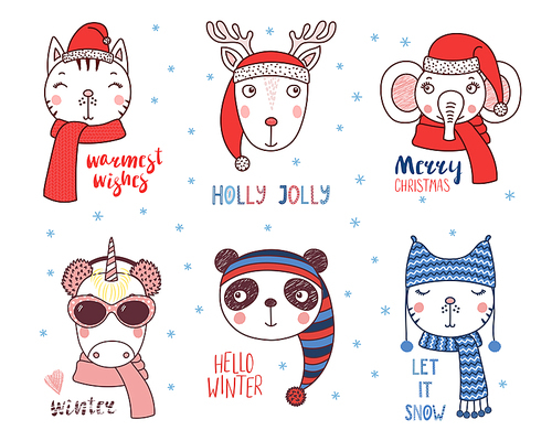 Set of hand drawn cute funny animals in different hats, glasses, earmuffs, mufflers, with winter, snow, Christmas quotes. Isolated objects on white . Vector illustration. Design concept kids