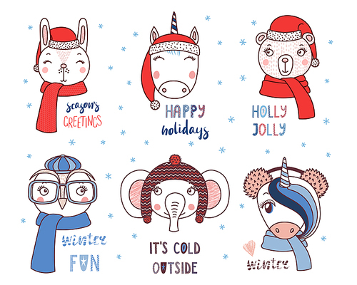 Set of hand drawn cute funny animals in different hats, glasses, earmuffs, mufflers, with winter, snow, Christmas quotes. Isolated objects on white . Vector illustration. Design concept kids