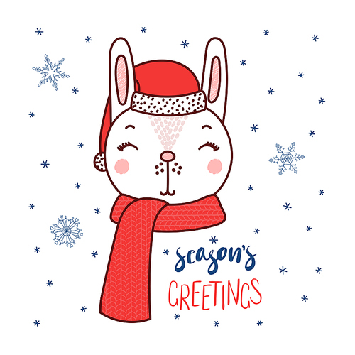 Hand drawn vector portrait of a cute funny rabbit in a Santa hat, text Season's greetings. Isolated objects on white  with snowflakes. Vector illustration. Design concept for kids, Christmas