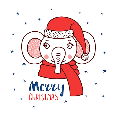 Hand drawn vector portrait of a cute funny elephant in a Santa hat, text Merry Christmas. Isolated objects on white  with stars. Vector illustration. Design concept for kids, winter holidays