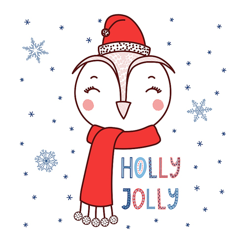 Hand drawn vector portrait of a cute cartoon funny owl in a Santa hat, text Holly jolly. Isolated objects on white  with snowflakes. Vector illustration. Design concept for kids, Christmas.