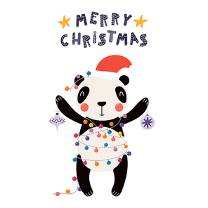 Hand drawn vector illustration of a cute funny panda in a Santa hat, with lights, ornaments, text Merry Christmas. Isolated objects on white. Scandinavian style flat design. Concept for card, invite.