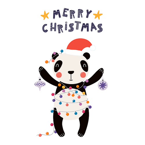 Hand drawn vector illustration of a cute funny panda in a Santa hat, with lights, ornaments, text Merry Christmas. Isolated objects on white. Scandinavian style flat design. Concept for card, invite.