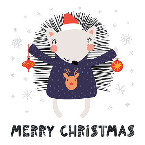 Hand drawn vector illustration of a cute funny hedgehog in a Santa hat, sweater, with ornaments, text Merry Christmas. Isolated objects on white. Scandinavian style flat design. Concept card, invite.