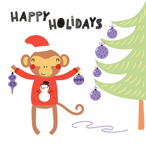 Hand drawn vector illustration of a cute monkey in a Santa hat, sweater, with ornaments, tree, text Happy holidays. Isolated objects on white. Scandinavian style flat design. Concept Christmas card.