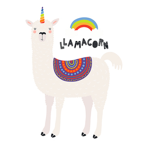 Hand drawn vector illustration of a cute funny llama with a unicorn horn, rainbow, text Llamacorn. Isolated objects on white background. Scandinavian style flat design. Concept for children print.