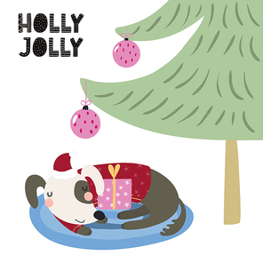 Hand drawn vector illustration of a cute dog in a Santa hat sleeping under the Christmas tree, with gift, text Holly Jolly. Isolated objects on white. Scandinavian style flat design. Concept for card.
