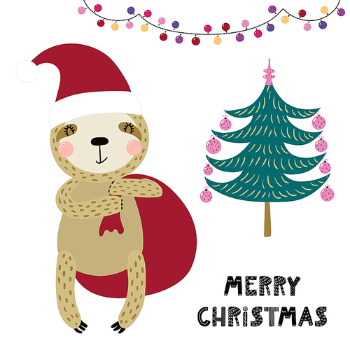 Hand drawn vector illustration of a cute funny sloth in a Santa Claus hat, with bag, tree, text Merry Christmas. Isolated objects on white. Scandinavian style flat design. Concept for card, invite.