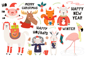 Big set with cute animals doing winter, Christmas activities, typography. Isolated objects on white background. Hand drawn vector illustration. Scandinavian style flat design. Concept for kids .