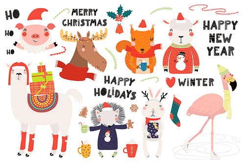 Big set with cute animals doing winter, Christmas activities, typography. Isolated objects on white . Hand drawn vector illustration. Scandinavian style flat design. Concept for kids .