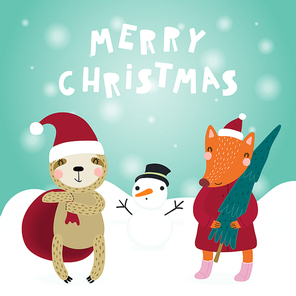 Hand drawn card with cute funny sloth, fox in Santa Claus hats, with snowman, sack, tree, text Merry Christmas. Vector illustration. Scandinavian style flat design. Concept for children print.