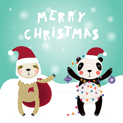 Hand drawn card with cute funny sloth, panda in Santa Claus hats, with sack, decorations, lights, text Merry Christmas. Vector illustration. Scandinavian style flat design. Concept for children .