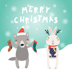 Hand drawn card with cute funny wolf, bunny in Santa Claus hats, in the snow, with stockings, gift, text Merry Christmas. Vector illustration. Scandinavian style flat design. Concept children .