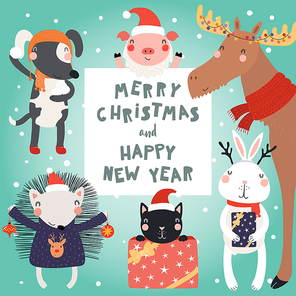 Hand drawn card with cute funny animals in Santa Claus hats, smowmen, text Merry Christmas and Happy New Year. Vector illustration. Scandinavian style flat design. Concept for children .