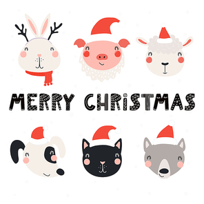 Set with cute animals in Santa Claus hats, typography. Isolated objects on white background. Hand drawn vector illustration. Scandinavian style flat design. Concept for Christmas, children .