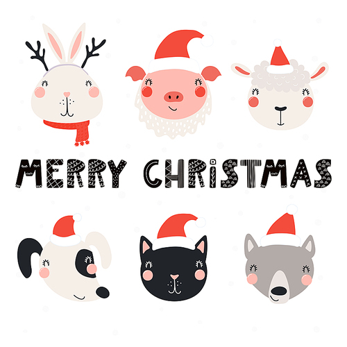 Set with cute animals in Santa Claus hats, typography. Isolated objects on white . Hand drawn vector illustration. Scandinavian style flat design. Concept for Christmas, children .