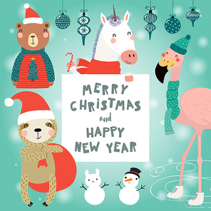 Hand drawn card with cute funny animals in Santa Claus hats, smowmen, text Merry Christmas and Happy New Year. Vector illustration. Scandinavian style flat design. Concept for children print.