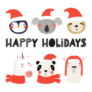 Set with cute animals in Santa Claus hats, typography. Isolated objects on white background. Hand drawn vector illustration. Scandinavian style flat design. Concept for Christmas, children print.