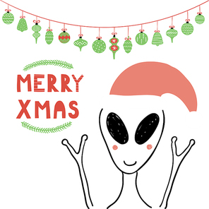 Hand drawn vector illustration of a cute funny alien in a Santa Claus hat, with text Merry Xmas. Isolated objects on white background. Line drawing. Design concept for Christmas card, invite.