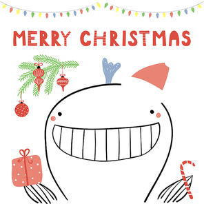 Hand drawn vector illustration of a cute funny whale in a Santa Claus hat, with tree branch, text Merry Christmas. Isolated objects on white background. Line drawing. Design concept for card, invite.