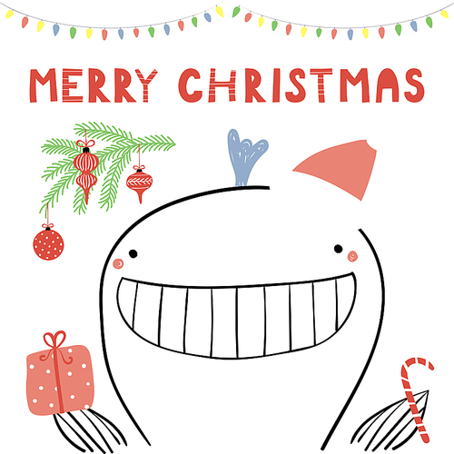 Hand drawn vector illustration of a cute funny whale in a Santa Claus hat, with tree branch, text Merry Christmas. Isolated objects on white . Line drawing. Design concept for card, invite.