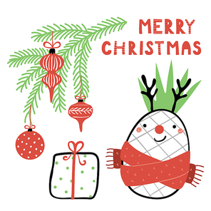 Hand drawn vector illustration of a cute funny pineapple with deer antlers, red nose, tree branch, text Merry Christmas. Isolated objects on white background. Line drawing. Design concept card, invite