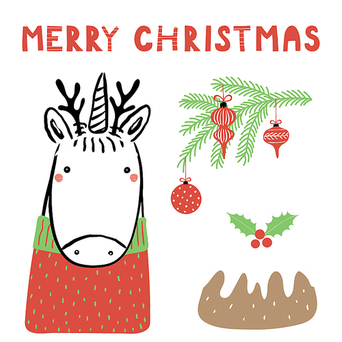 Hand drawn vector illustration of a cute funny unicorn with deer antlers, pudding, tree branch, text Merry Christmas. Isolated objects on white . Line drawing. Design concept card, invite.