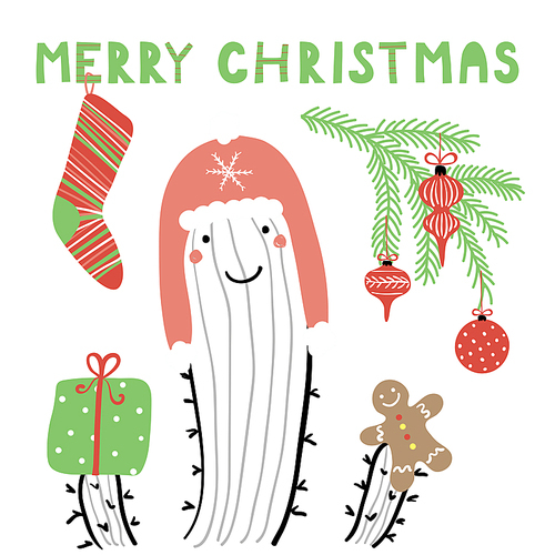 Hand drawn vector illustration of a cute funny cactus in a warm hat, with stocking, gingerbread, text Merry Christmas. Isolated objects on white . Line drawing. Design concept card, invite.
